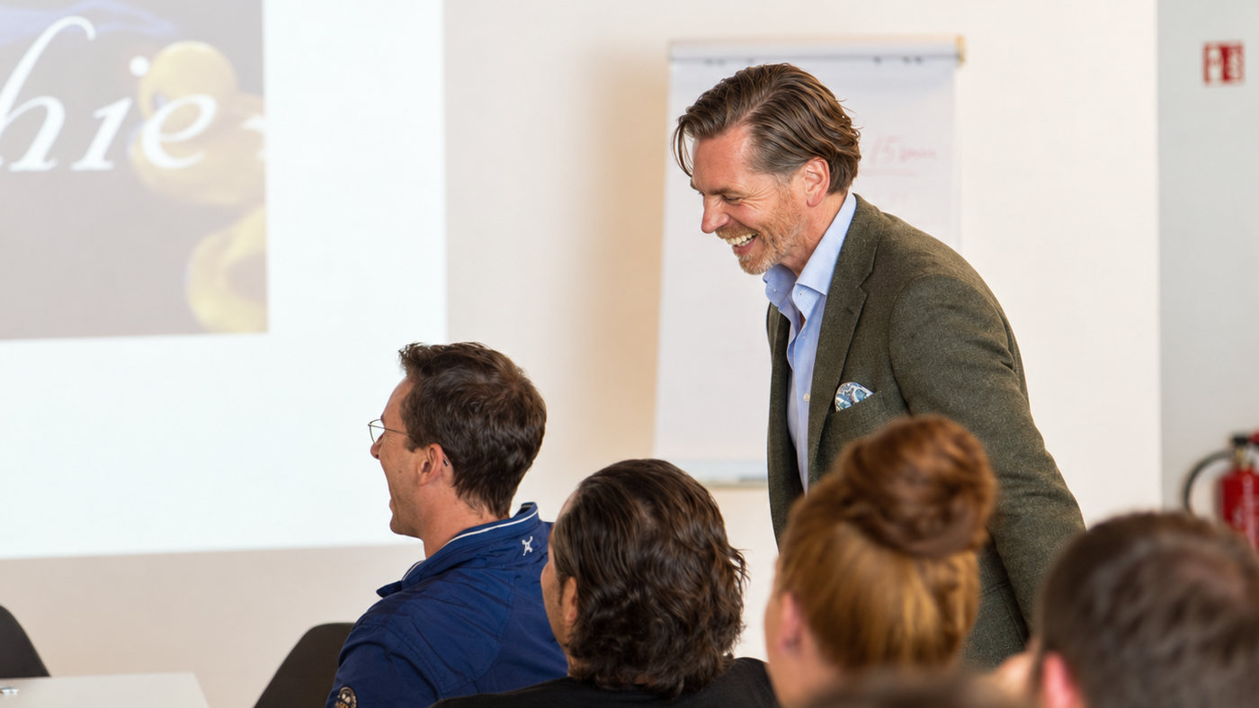 Messetraining mit Michael Huger Michael Huger lacht im Training mit Teilnehmern